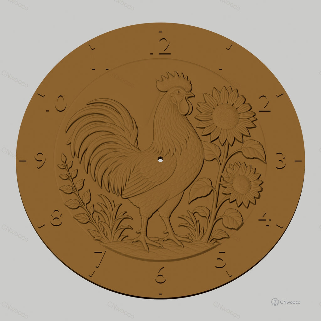 Fichier CNC & impression 3D horloge murale coq et tournesols décor campagne STL