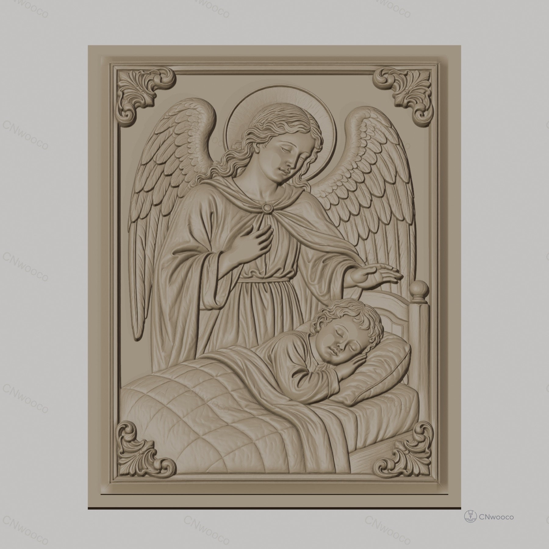 Fichier CNC & impression 3D ange gardien avec enfant, scène religieuse de protection, haute qualité relief STL