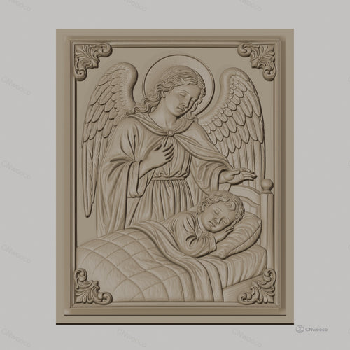 Fichier CNC & impression 3D ange gardien avec enfant, scène religieuse de protection, haute qualité relief STL