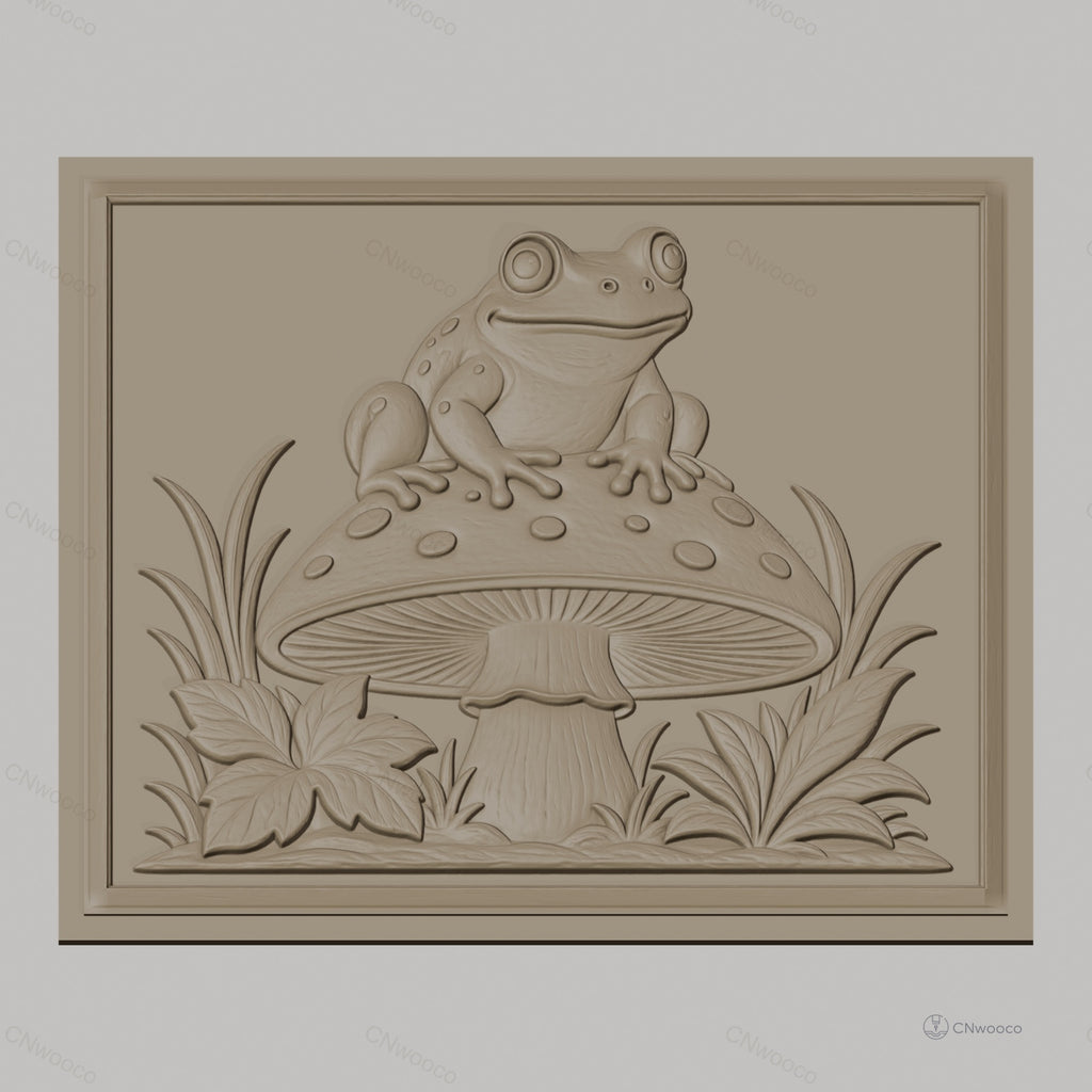Fichier CNC & impression 3D Grenouille sur champignon, feuilles et herbes décoratives, haute qualité relief STL