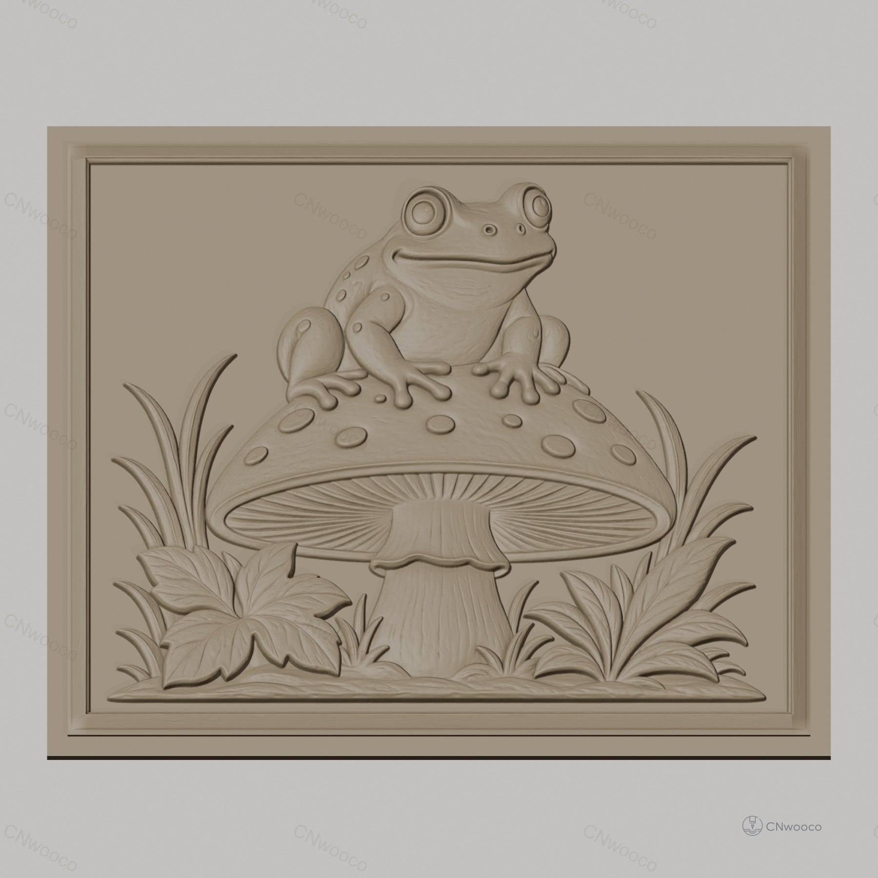 Fichier CNC & impression 3D Grenouille sur champignon, feuilles et herbes décoratives, haute qualité relief STL