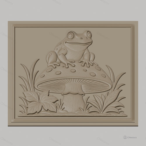 Fichier CNC & impression 3D Grenouille sur champignon, feuilles et herbes décoratives, haute qualité relief STL