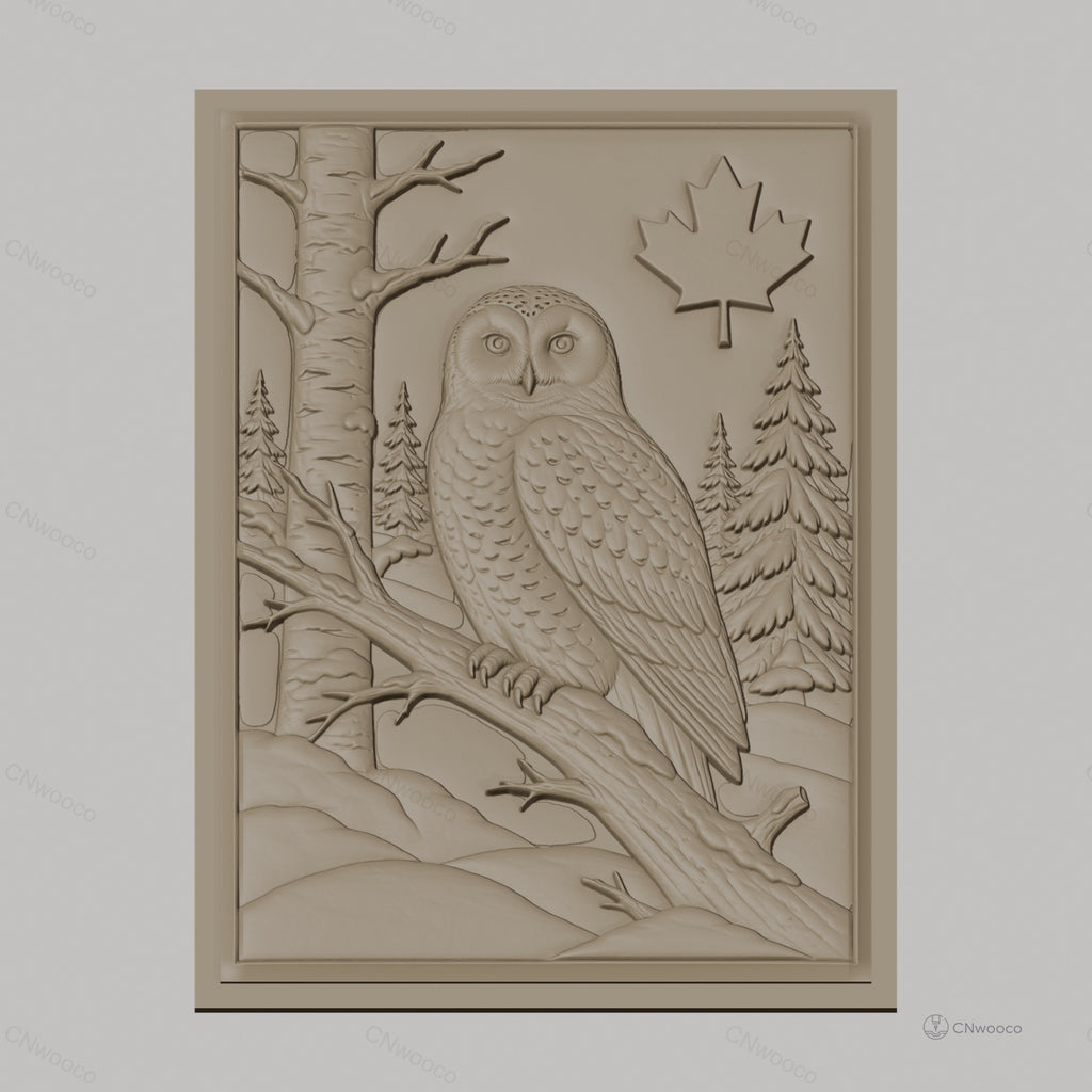 Fichier CNC & impression 3D hibou sur branche en forêt, feuille d'érable, haute qualité relief STL