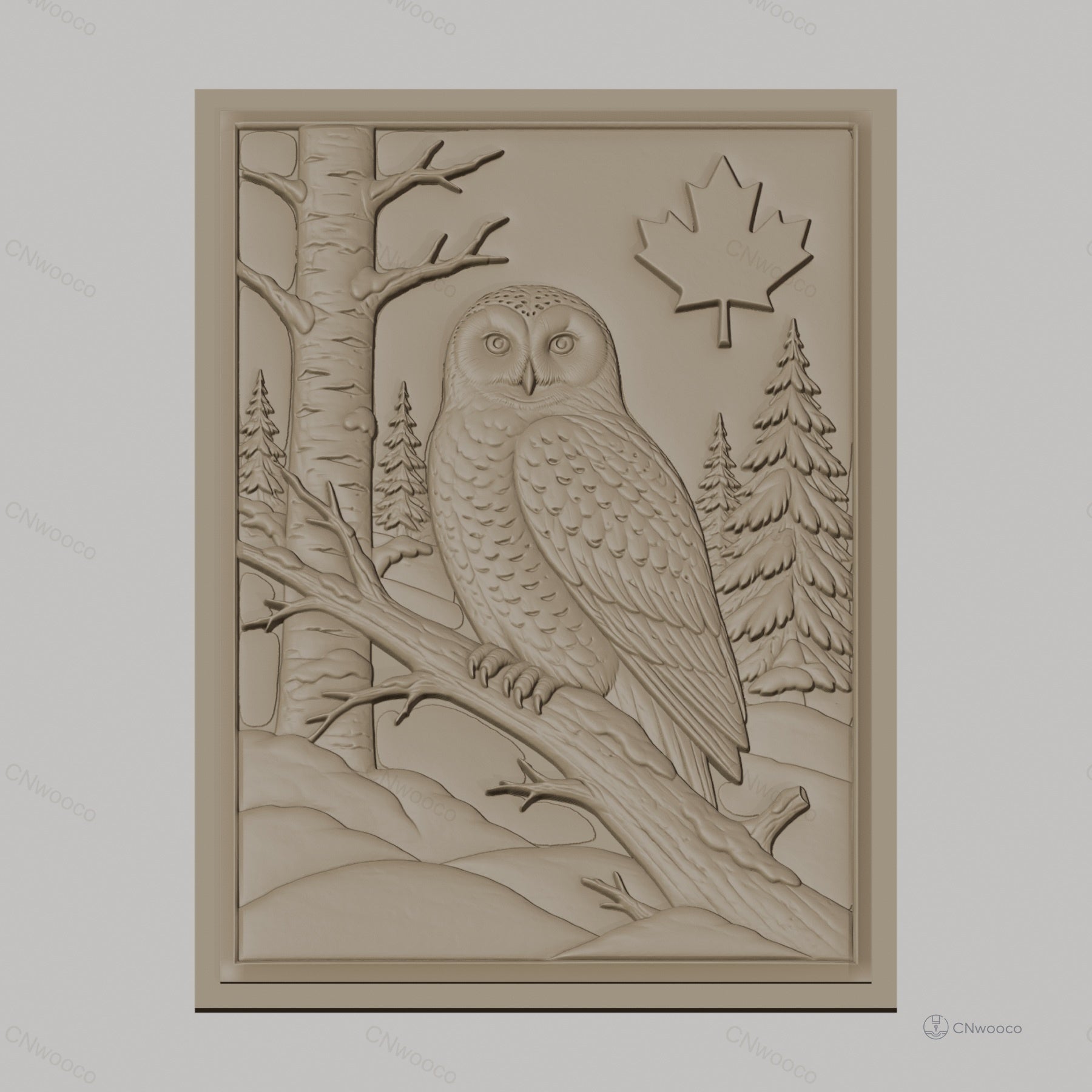 Fichier CNC & impression 3D hibou sur branche en forêt, feuille d'érable, haute qualité relief STL
