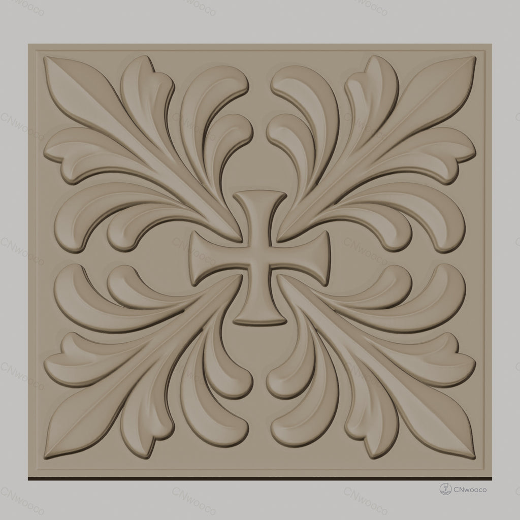Fichier CNC & impression 3D croix avec feuilles décoratives, haute qualité relief STL