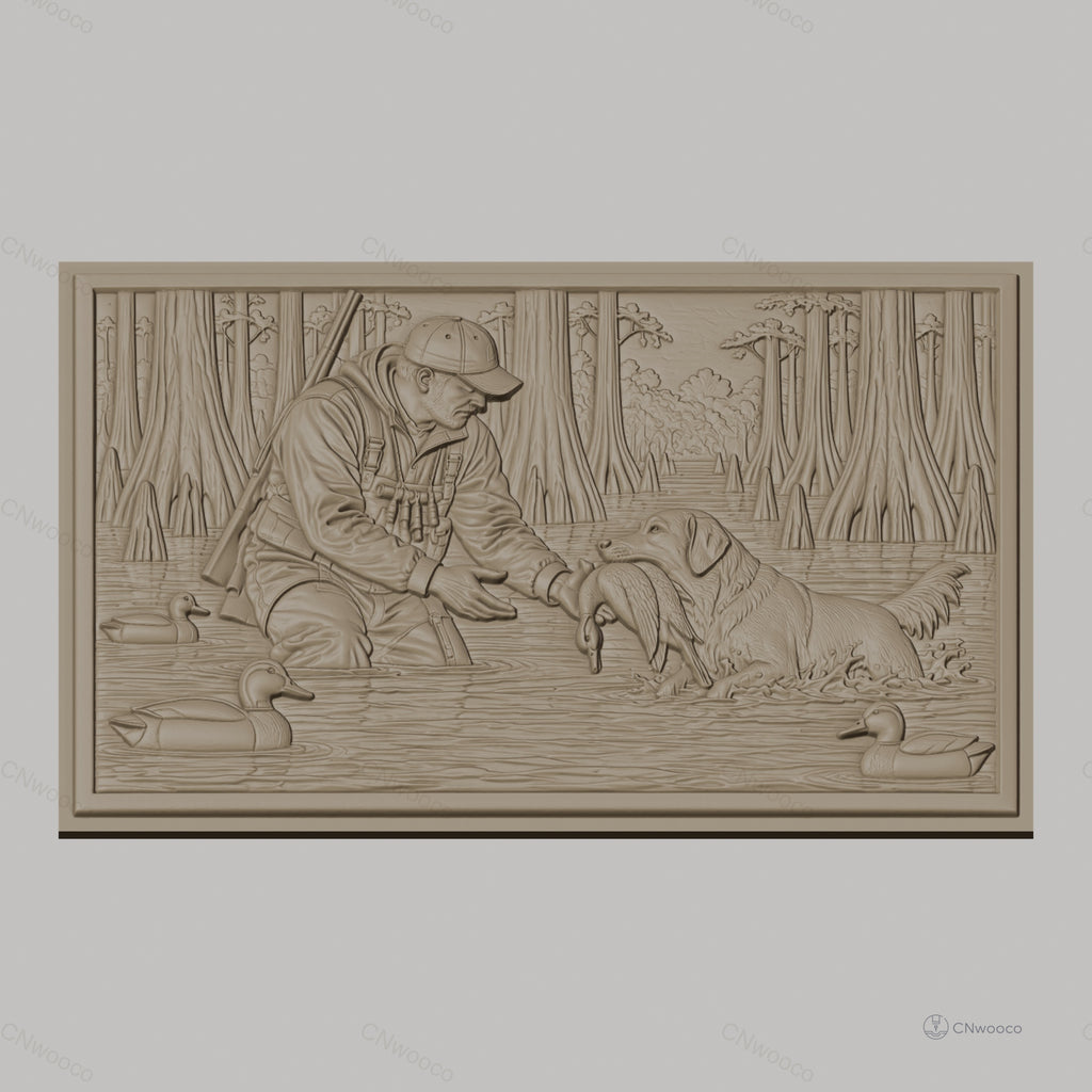 Fichier CNC & impression 3D Chasseur et chien rapportant canard dans marais, nature et forêt, haute qualité relief STL