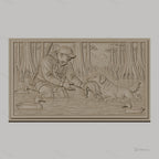 Fichier CNC & impression 3D Chasseur et chien rapportant canard dans marais, nature et forêt, haute qualité relief STL