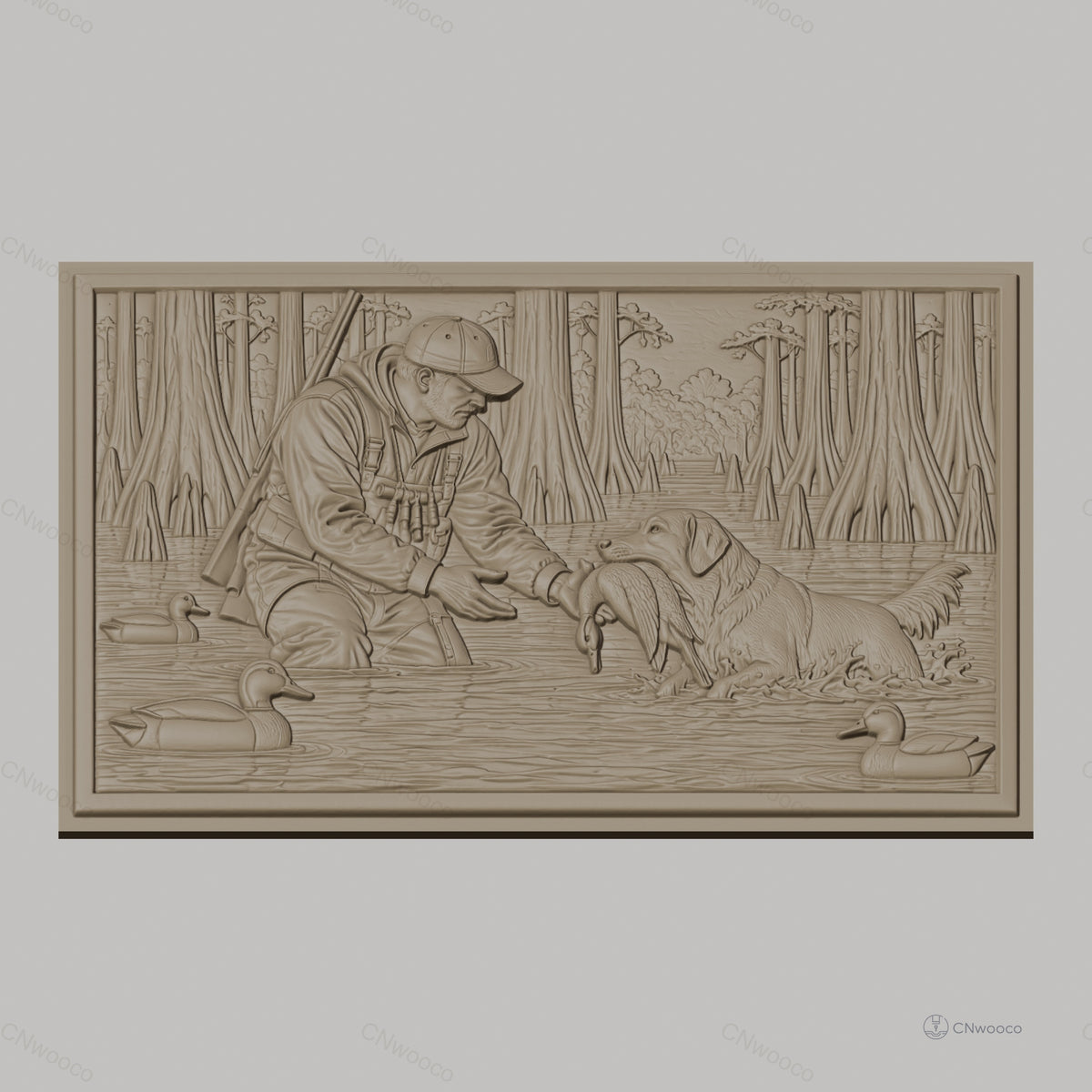 Fichier CNC & impression 3D Chasseur et chien rapportant canard dans marais, nature et forêt, haute qualité relief STL