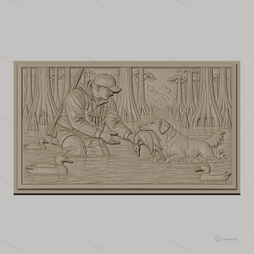 Fichier CNC & impression 3D Chasseur et chien rapportant canard dans marais, nature et forêt, haute qualité relief STL