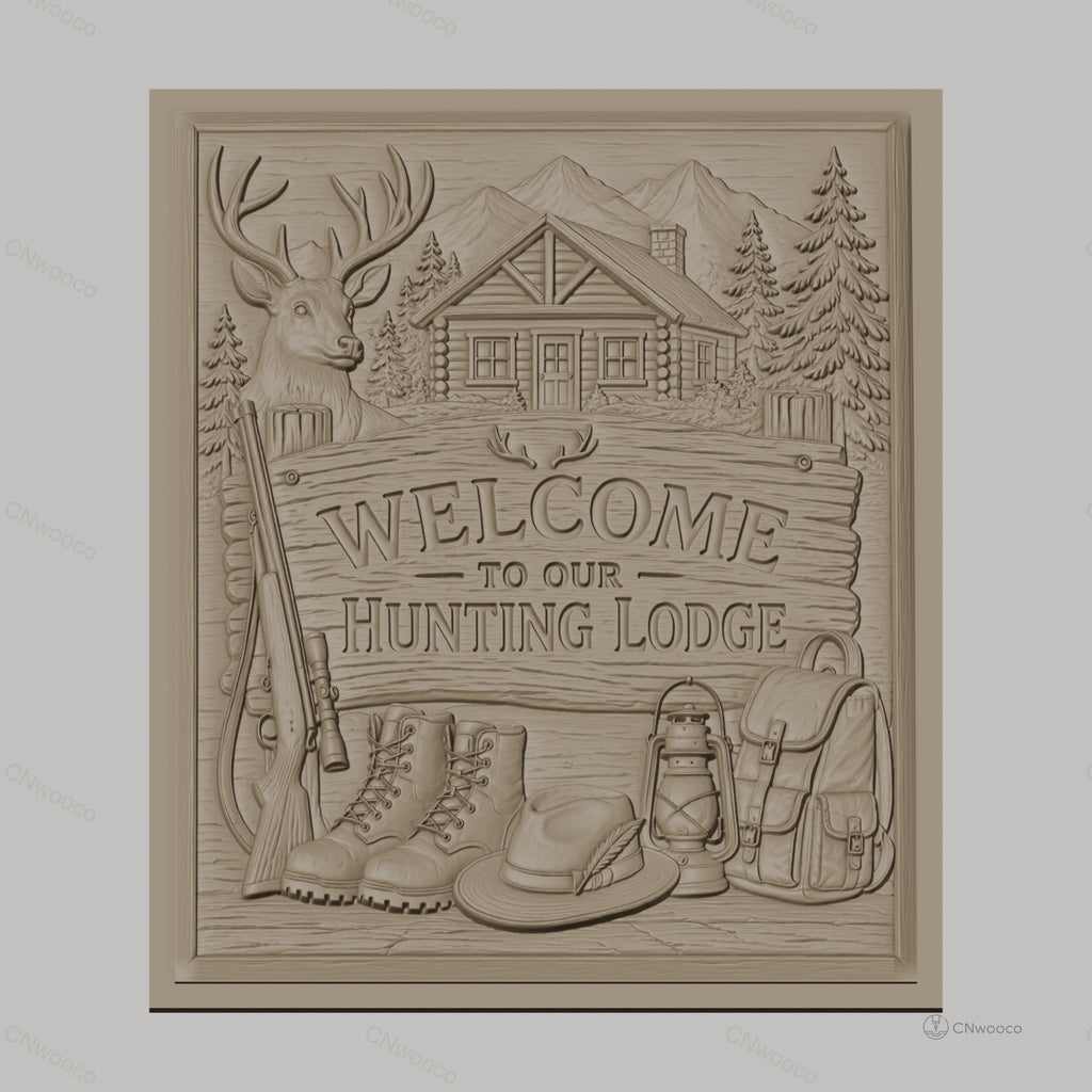 Fichier CNC & impression 3D panneau chasse, cerf, cabane, bottes et fusil, haute qualité relief STL