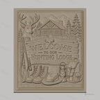 Fichier CNC & impression 3D panneau chasse, cerf, cabane, bottes et fusil, haute qualité relief STL