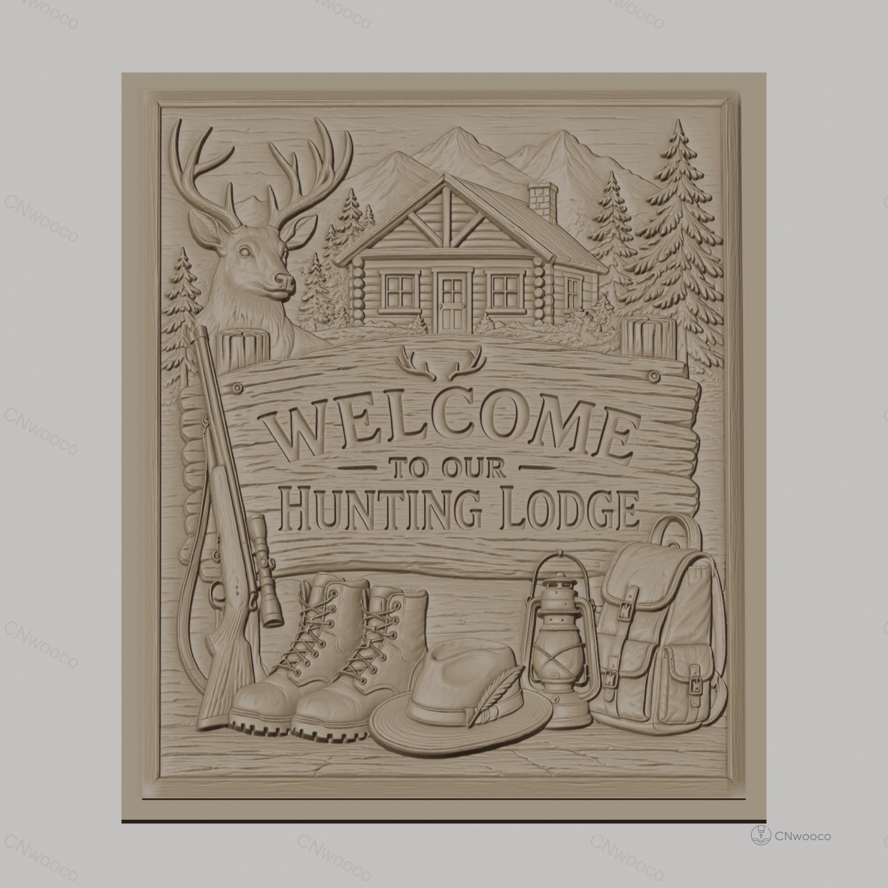Fichier CNC & impression 3D panneau chasse, cerf, cabane, bottes et fusil, haute qualité relief STL