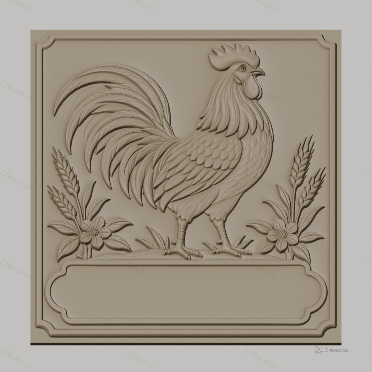 Fichier CNC & impression 3D coq avec fleurs et blé, haute qualité relief STL