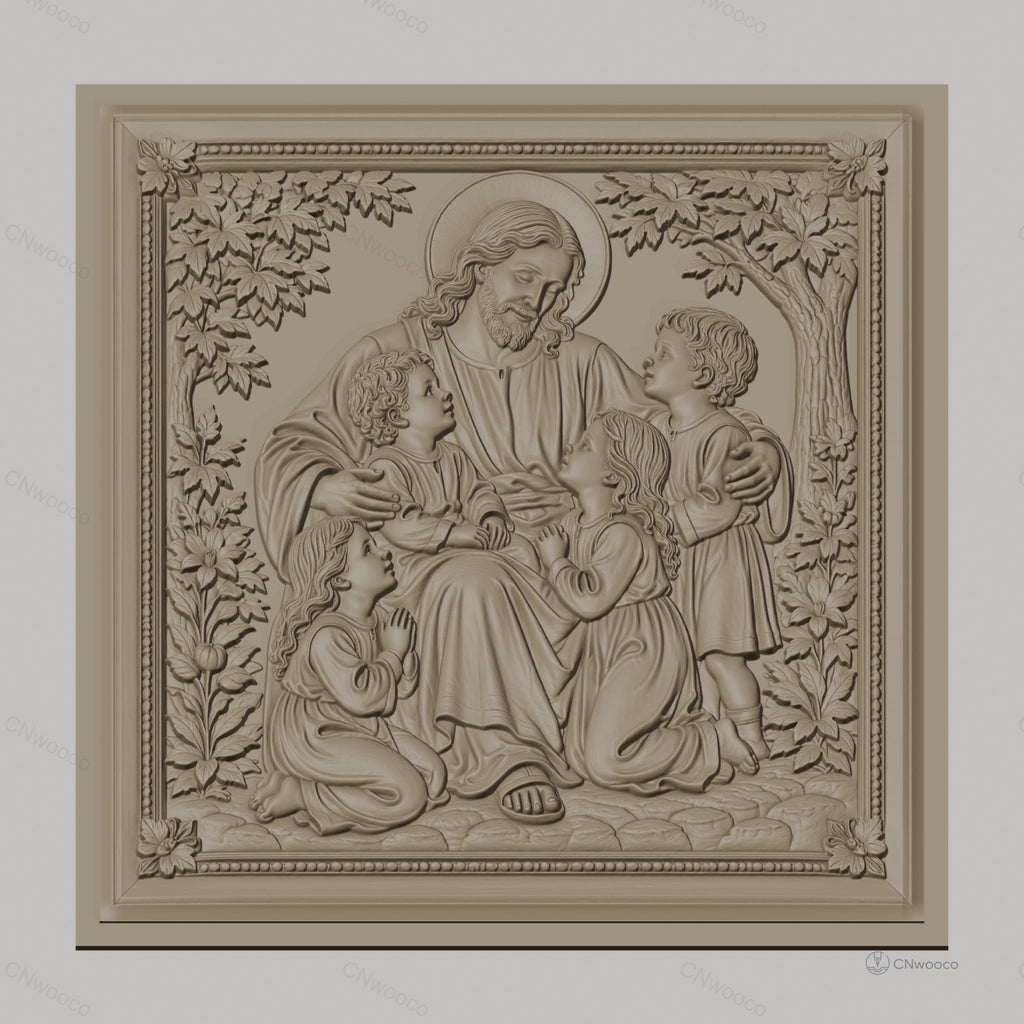 Fichier CNC & impression 3D Jésus avec enfants, scène religieuse florale, haute qualité relief STL
