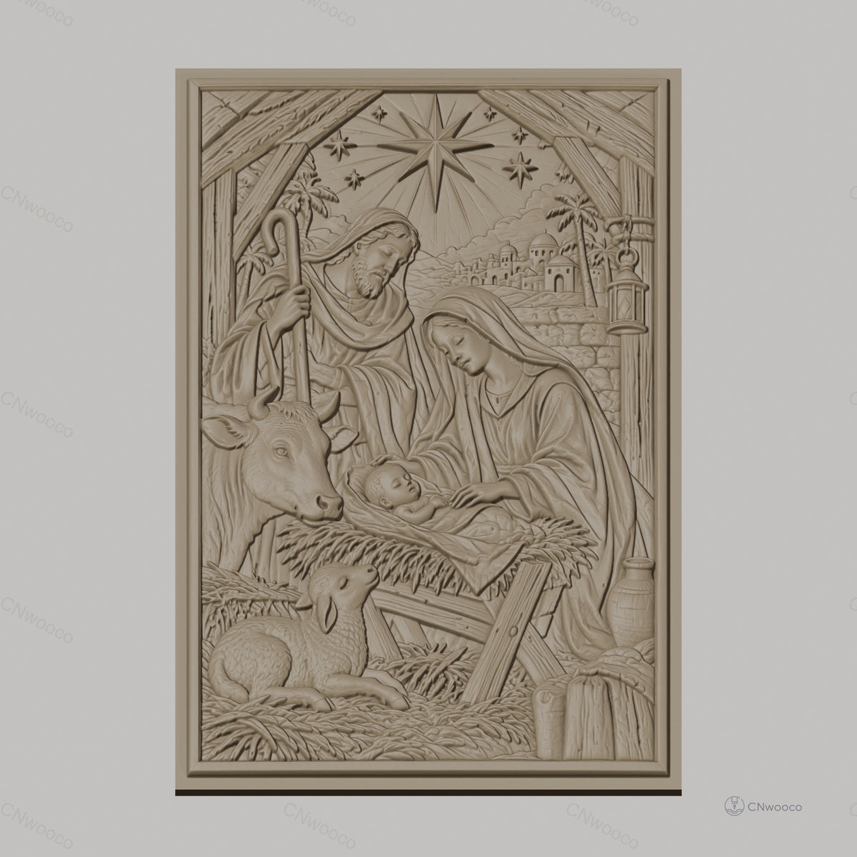 Fichier CNC & impression 3D scène de la nativité avec la Sainte Famille, animaux et étoile haute qualité relief STL