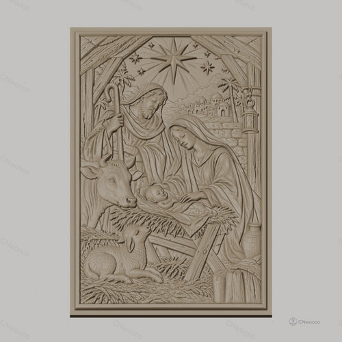 Fichier CNC & impression 3D scène de la nativité avec la Sainte Famille, animaux et étoile haute qualité relief STL