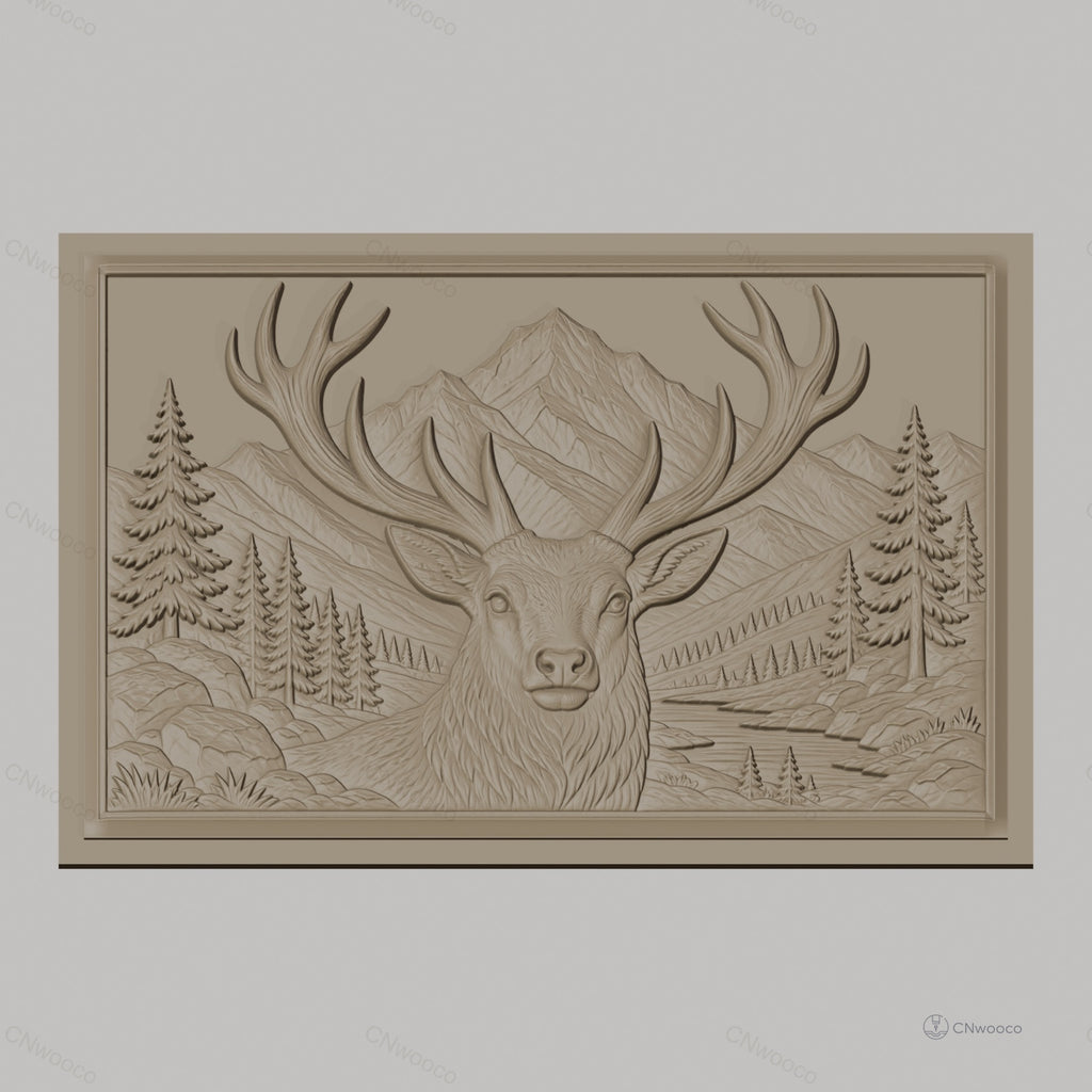 Fichier CNC & impression 3D cerf avec montagnes et arbres, haute qualité relief STL