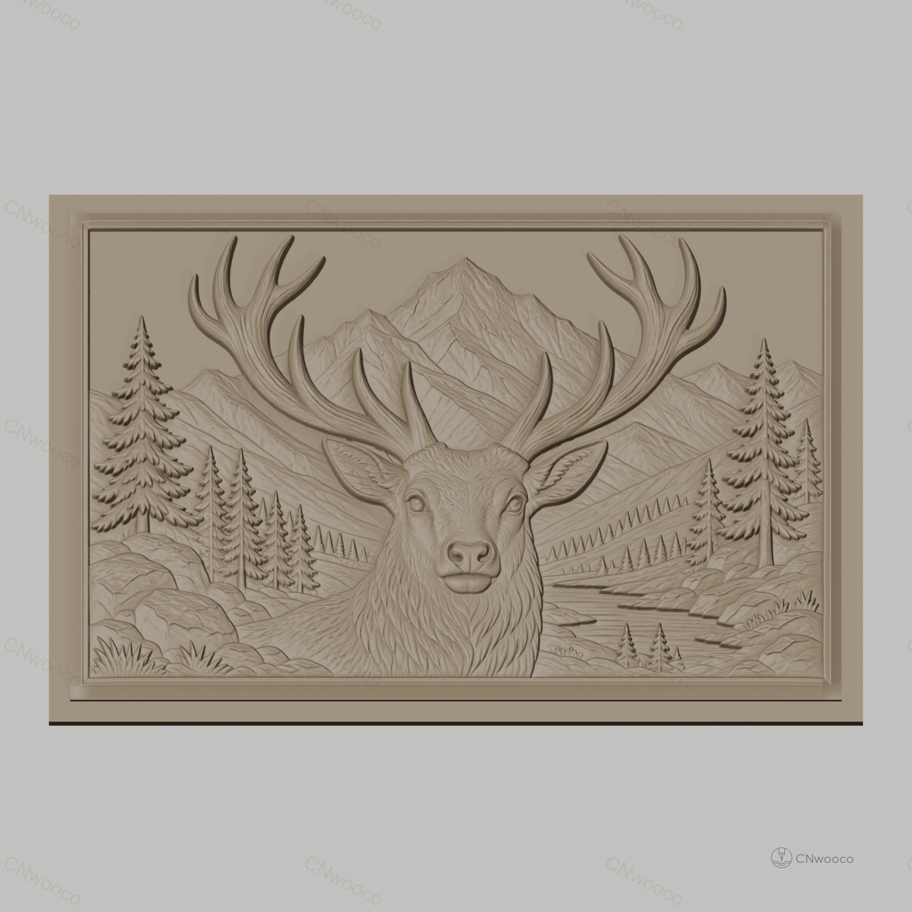 Fichier CNC & impression 3D cerf avec montagnes et arbres, haute qualité relief STL