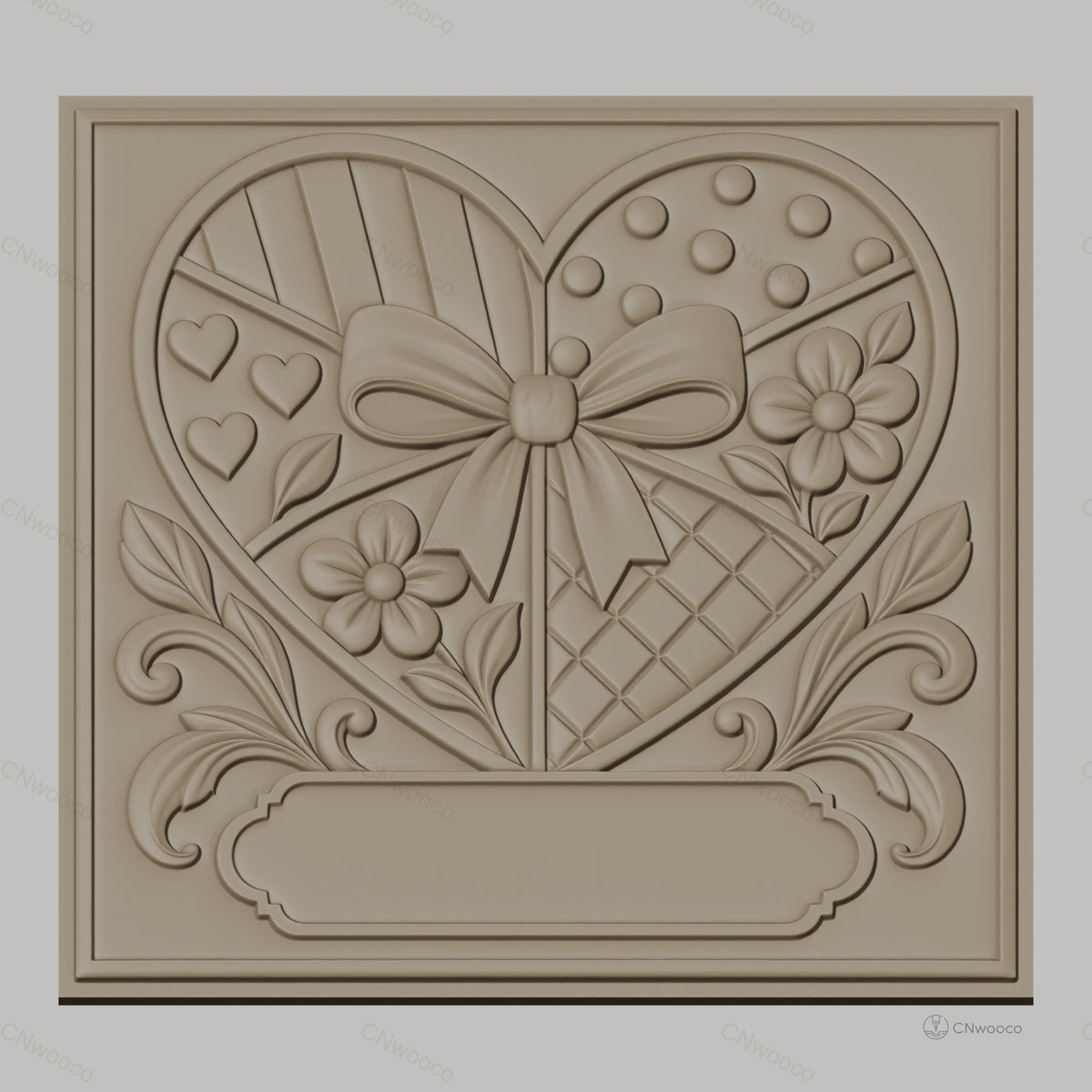 Fichier CNC & impression 3D motif coeur avec fleurs et noeud, décoration relief haute qualité relief STL
