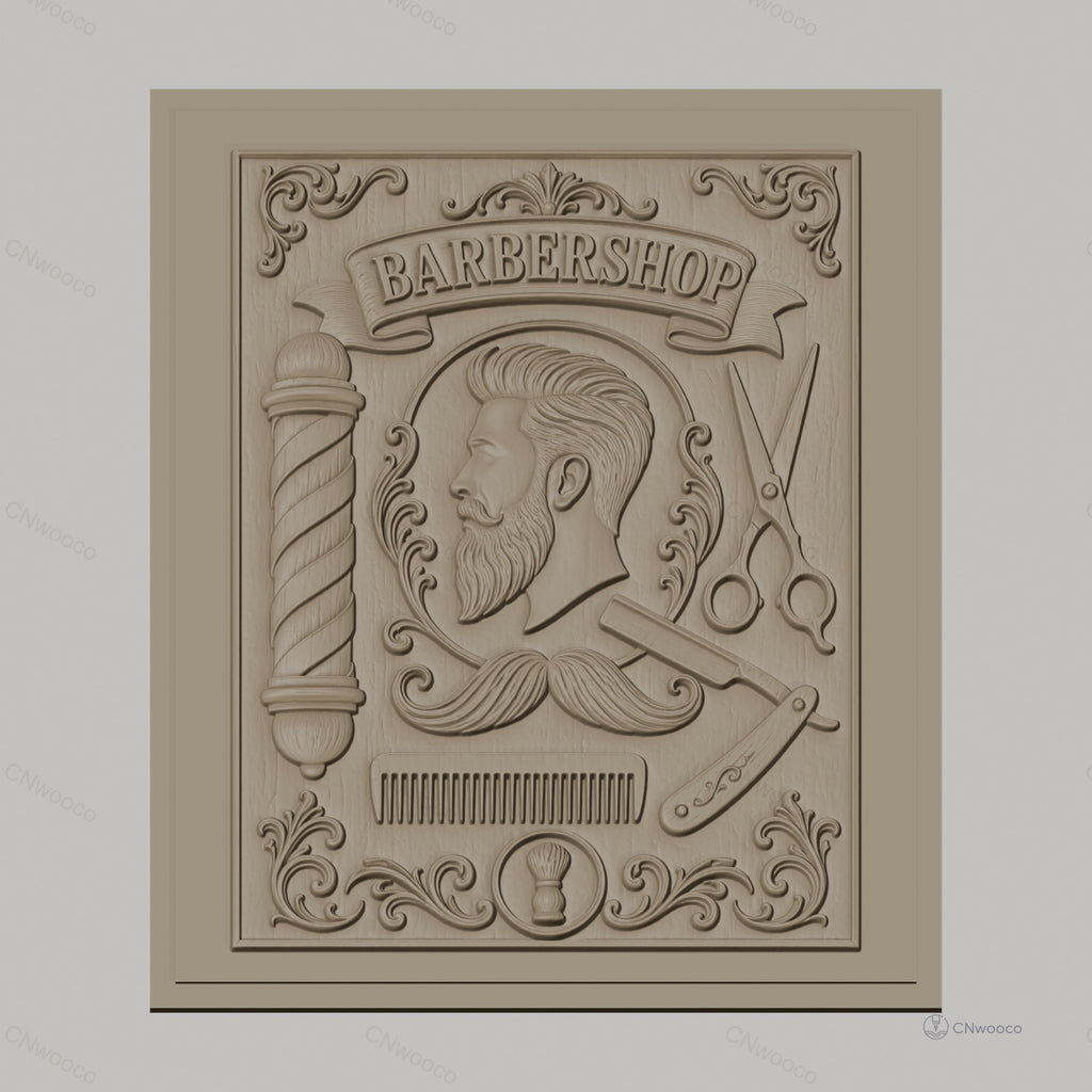 Fichier CNC & impression 3D barbershop, portrait homme, ciseaux, rasoir, peigne, décor vintage, haute qualité relief STL