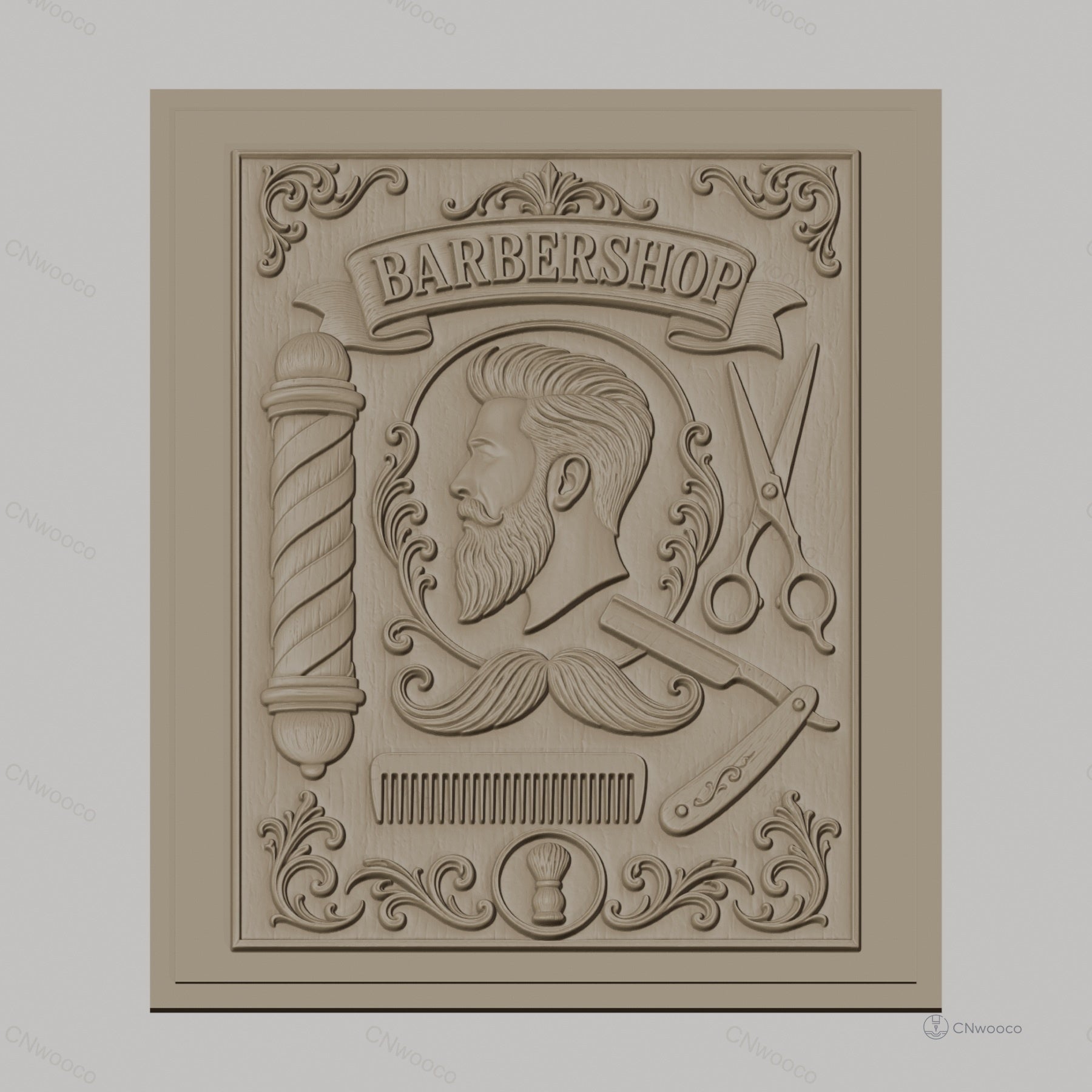 Fichier CNC & impression 3D barbershop, portrait homme, ciseaux, rasoir, peigne, décor vintage, haute qualité relief STL