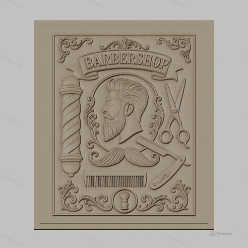 Fichier CNC & impression 3D barbershop, portrait homme, ciseaux, rasoir, peigne, décor vintage, haute qualité relief STL