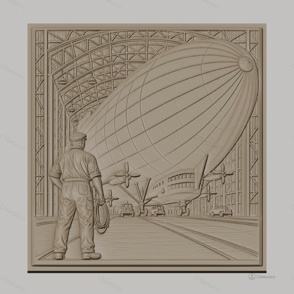 Fichier CNC & impression 3D dirigeable dans hangar avec technicien, haute qualité relief STL