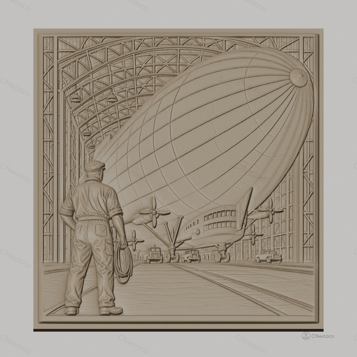 Fichier CNC & impression 3D dirigeable dans hangar avec technicien, haute qualité relief STL