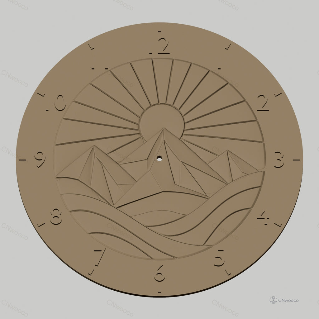 Fichier CNC & impression 3D horloge murale paysage montagne au soleil STL