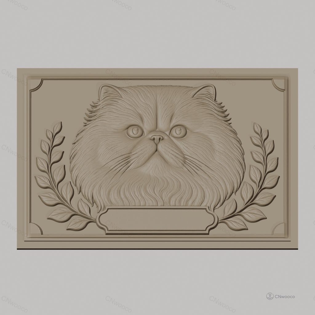 Fichier CNC & impression 3D chat persan, tête de chat avec feuillage, haute qualité relief STL