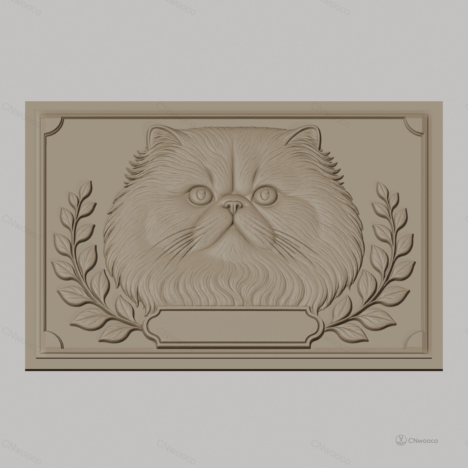 Fichier CNC & impression 3D chat persan, tête de chat avec feuillage, haute qualité relief STL