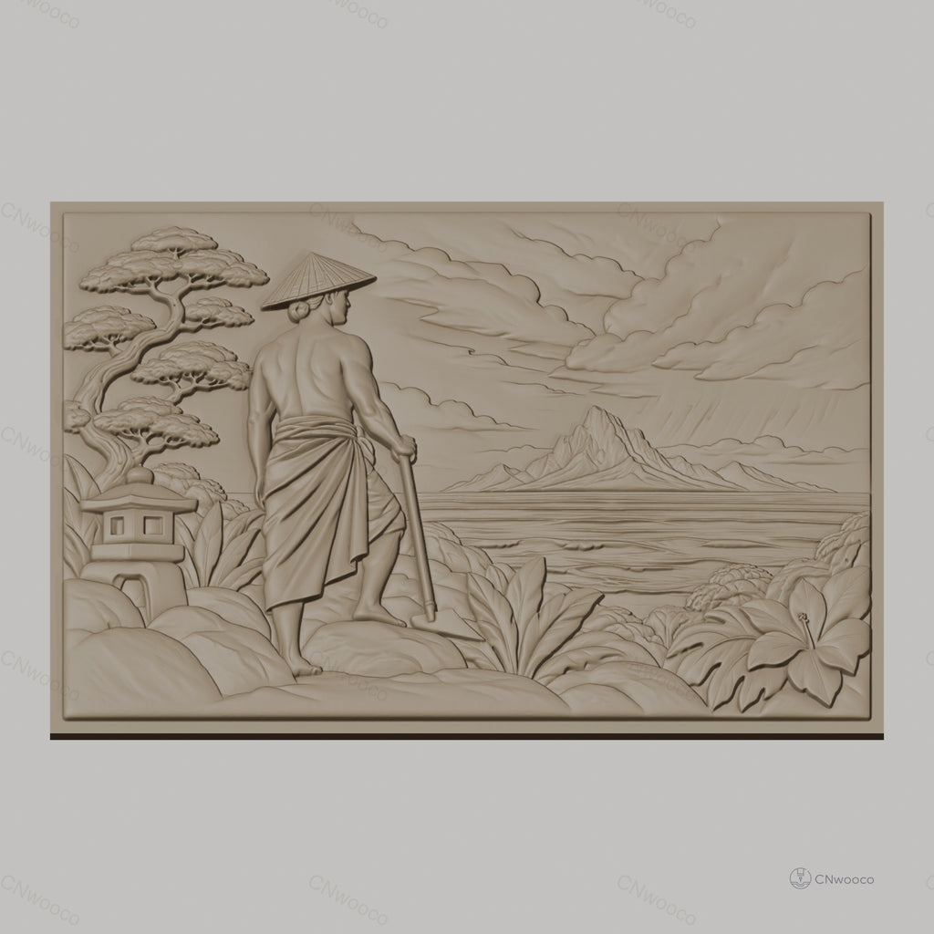 Fichier CNC & impression 3D paysage asiatique, homme avec chapeau conique, montagne et végétation, haute qualité relief STL
