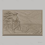Fichier CNC & impression 3D paysage asiatique, homme avec chapeau conique, montagne et végétation, haute qualité relief STL