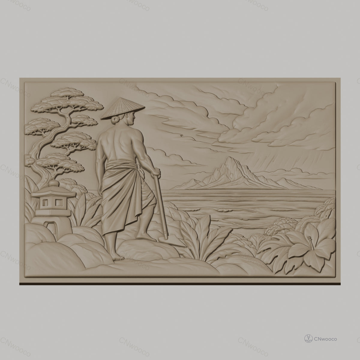 Fichier CNC & impression 3D paysage asiatique, homme avec chapeau conique, montagne et végétation, haute qualité relief STL