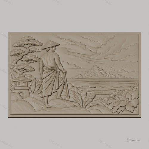 Fichier CNC & impression 3D paysage asiatique, homme avec chapeau conique, montagne et végétation, haute qualité relief STL