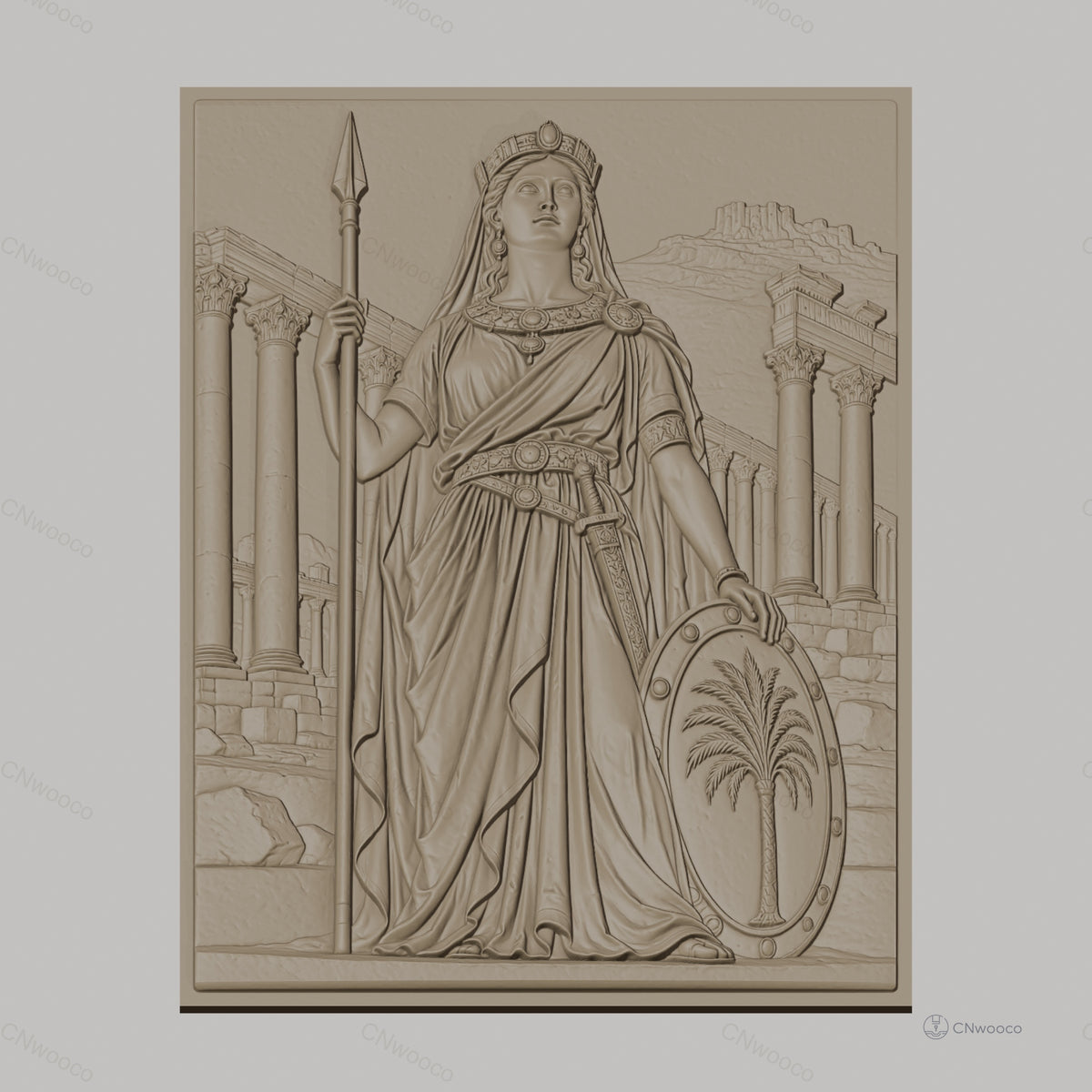 Fichier CNC & impression 3D reine antique, lance bouclier palmier colonnes grecques, haute qualité relief STL