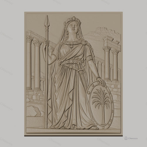 Fichier CNC & impression 3D reine antique, lance bouclier palmier colonnes grecques, haute qualité relief STL