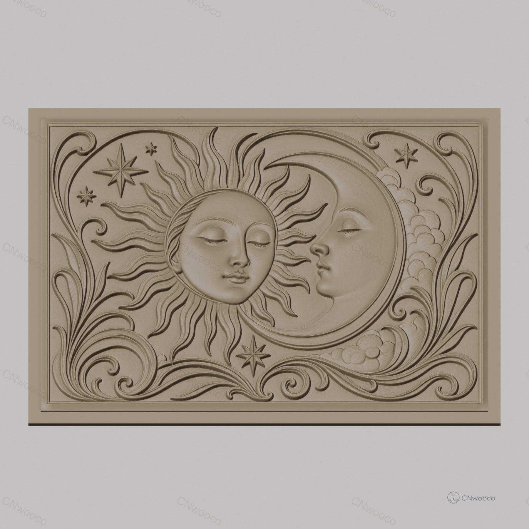 Fichier CNC & impression 3D Soleil et Lune avec étoiles et volutes, haute qualité relief STL