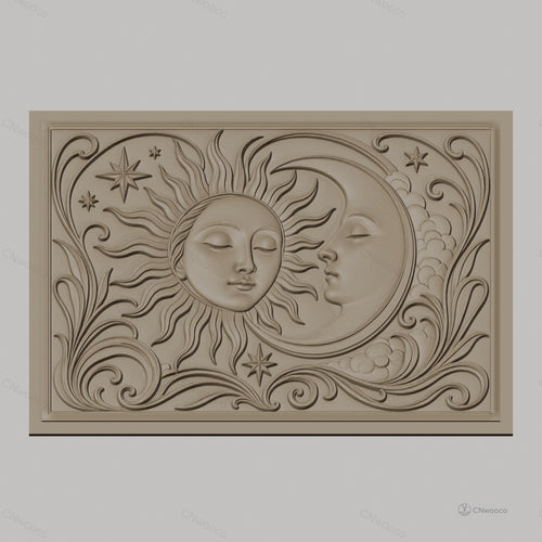 Fichier CNC & impression 3D Soleil et Lune avec étoiles et volutes, haute qualité relief STL