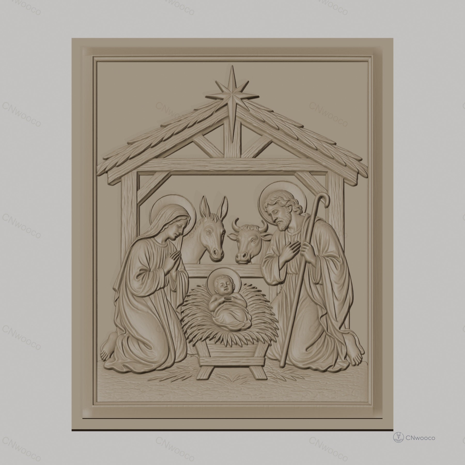 Fichier CNC & impression 3D crèche de Noël, Sainte Famille avec âne et bœuf, haute qualité relief STL