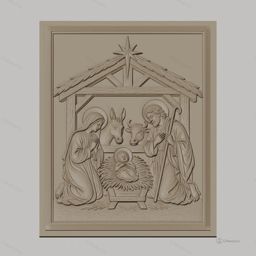 Fichier CNC & impression 3D crèche de Noël, Sainte Famille avec âne et bœuf, haute qualité relief STL