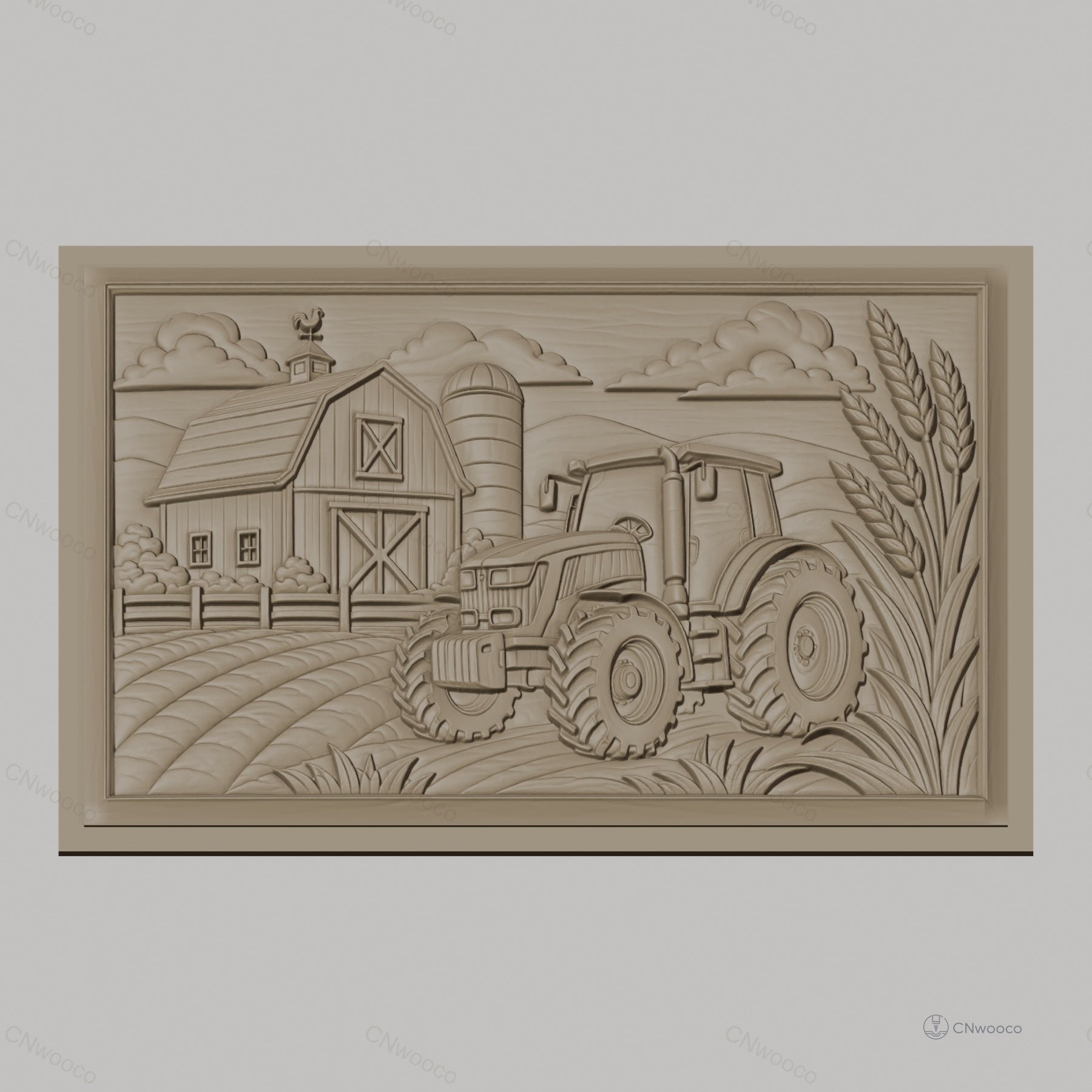 Fichier CNC & impression 3D paysage agricole, tracteur, grange, silo, épis de blé, haute qualité relief STL
