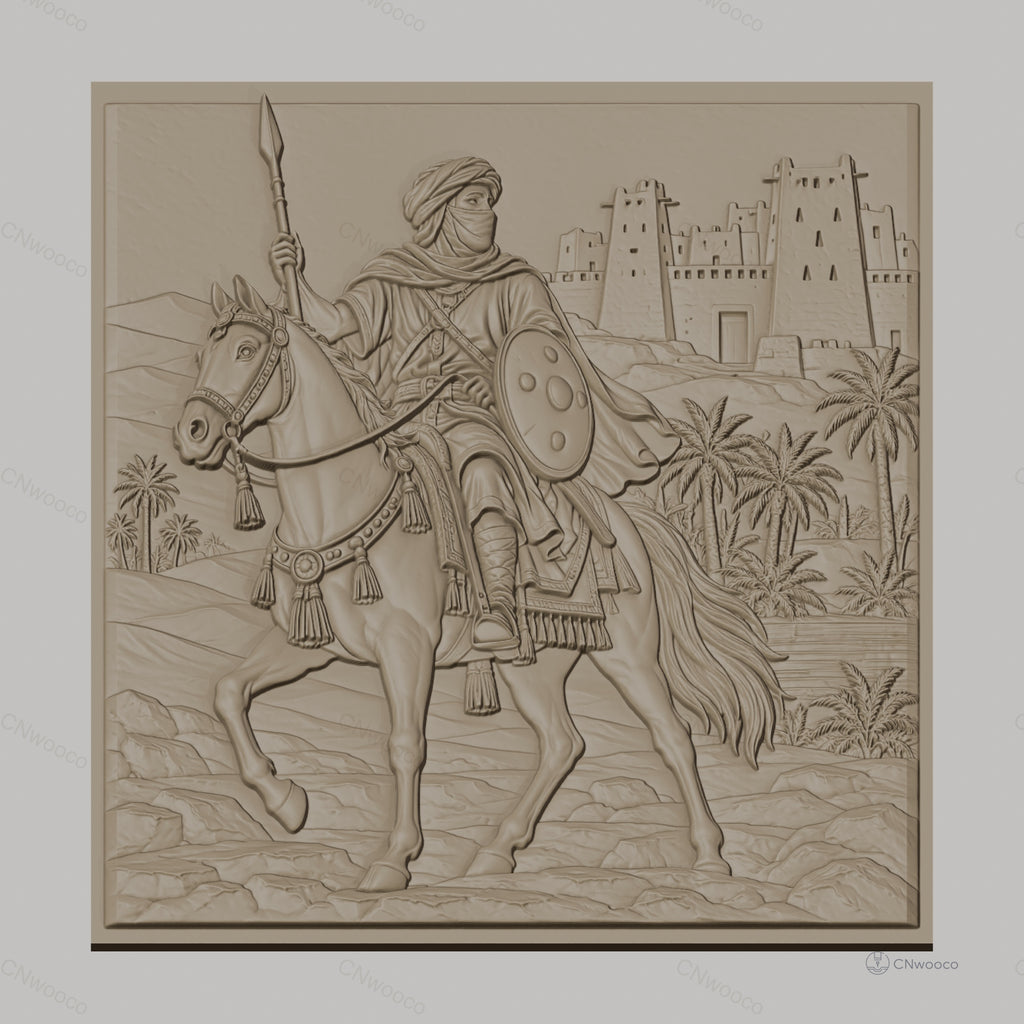Fichier CNC & impression 3D cavalier arabe, cheval, lance, palmier et forteresse, haute qualité relief STL