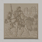 Fichier CNC & impression 3D cavalier arabe, cheval, lance, palmier et forteresse, haute qualité relief STL