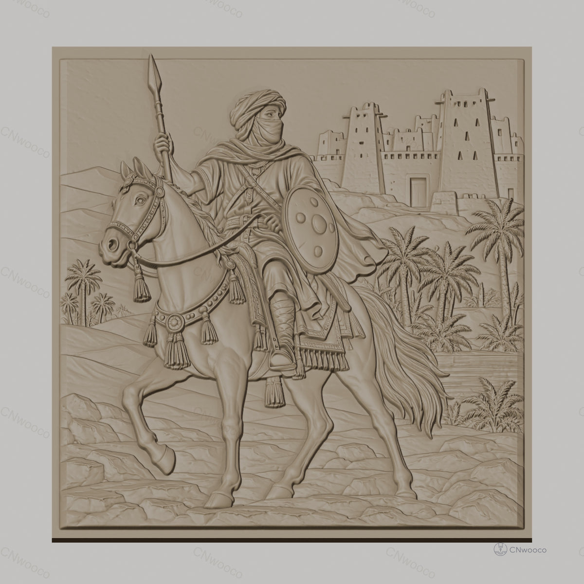 Fichier CNC & impression 3D cavalier arabe, cheval, lance, palmier et forteresse, haute qualité relief STL