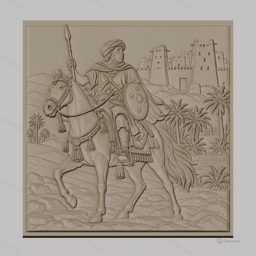 Fichier CNC & impression 3D cavalier arabe, cheval, lance, palmier et forteresse, haute qualité relief STL