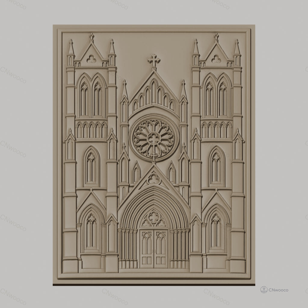 Fichier CNC & impression 3D cathédrale gothique, portail avec rosace et tours, haute qualité relief STL