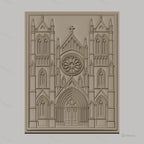 Fichier CNC & impression 3D cathédrale gothique, portail avec rosace et tours, haute qualité relief STL