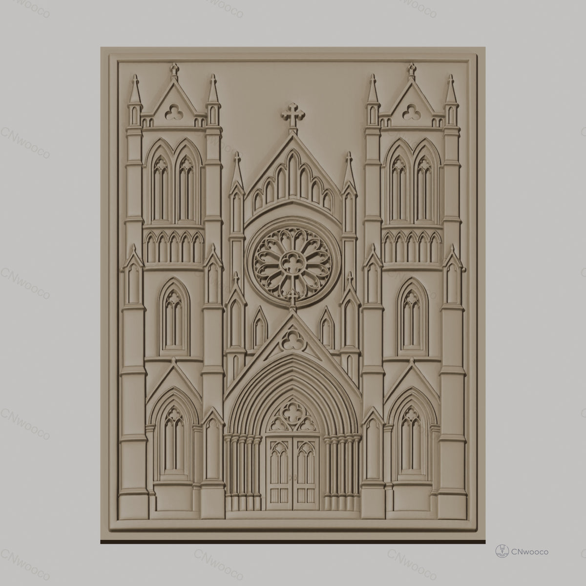 Fichier CNC & impression 3D cathédrale gothique, portail avec rosace et tours, haute qualité relief STL