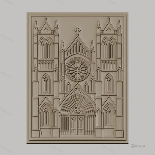 Fichier CNC & impression 3D cathédrale gothique, portail avec rosace et tours, haute qualité relief STL